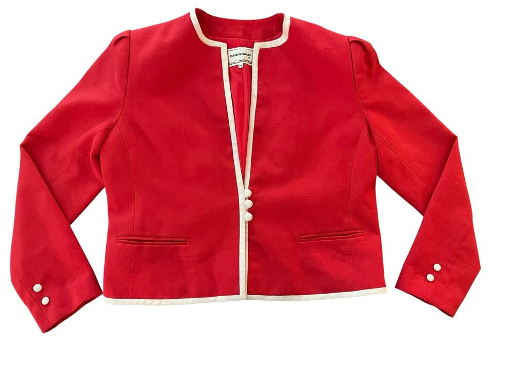 Vintage David Benjamin Red Cropped Blazer Jacket White Trim Size 15/16 - Picture 2 of 7